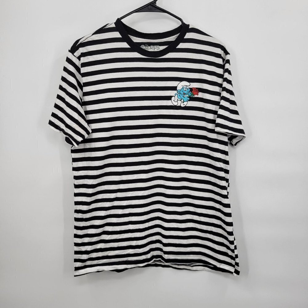 The Smurfs Embroidered Striped T-Shirt Short Sleeve Cotton Crewneck Medium Women